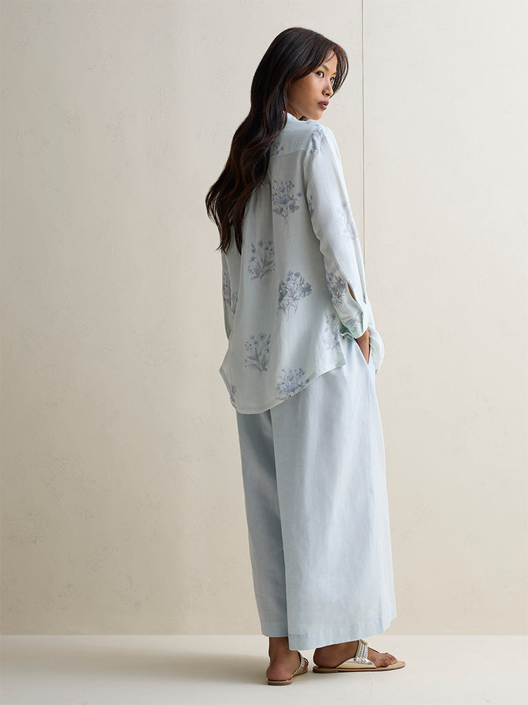 Zuba Light Blue Linen Blend Floral Printed Tunic