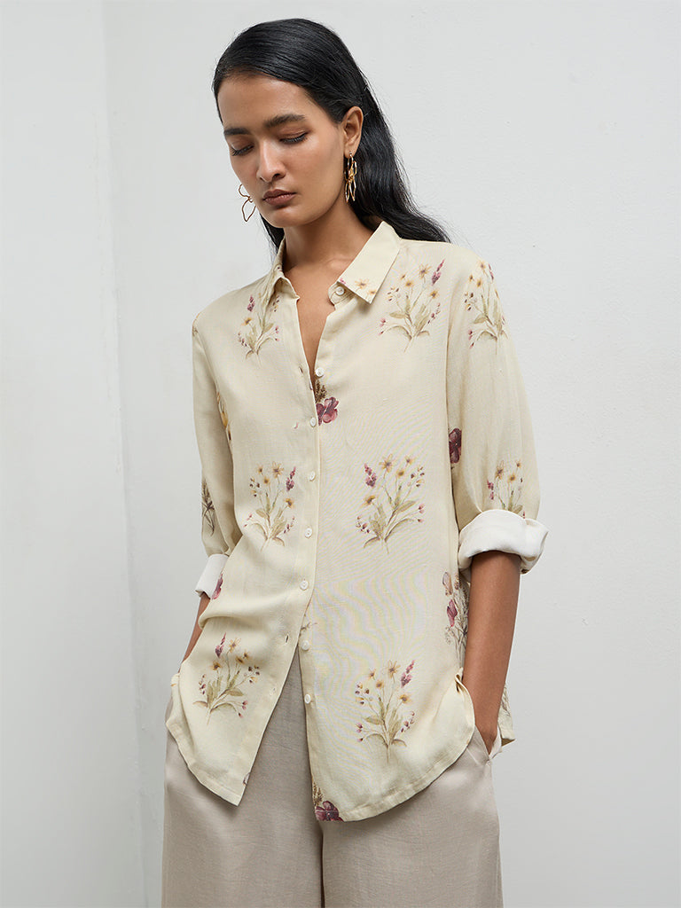 Zuba Light Yellow Linen Blend Floral Printed Tunic
