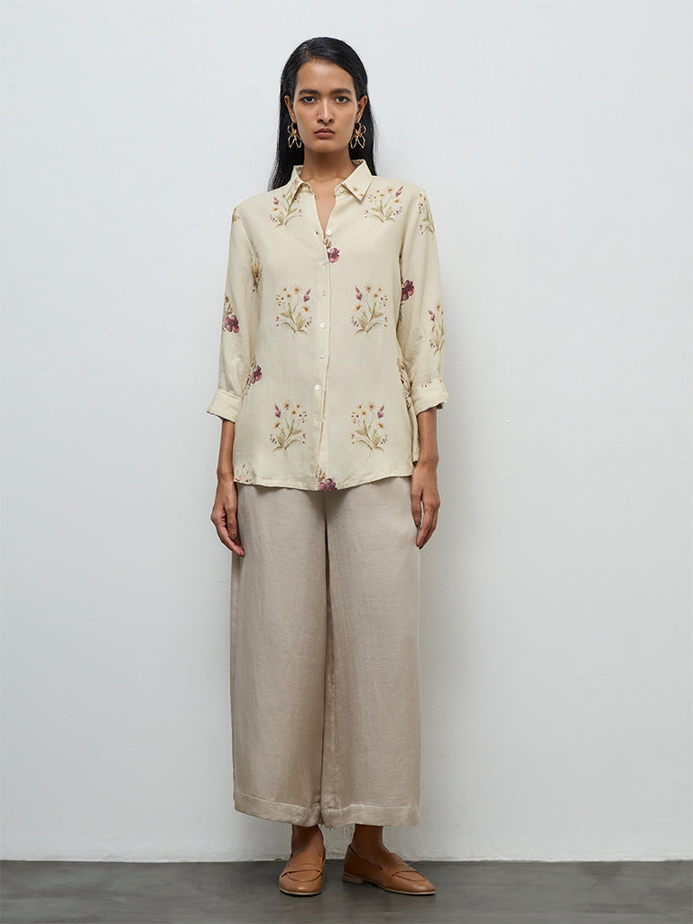 Zuba Light Yellow Linen Blend Floral Printed Tunic
