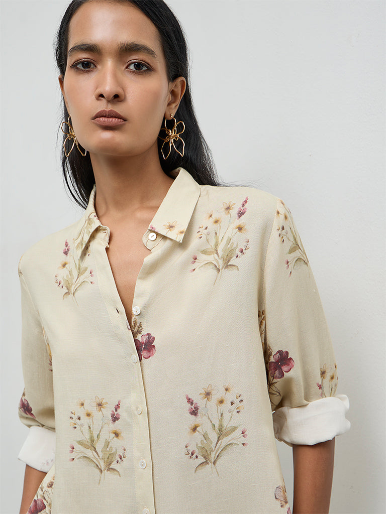 Zuba Light Yellow Linen Blend Floral Printed Tunic