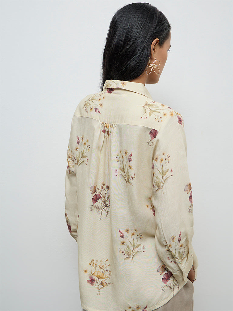 Zuba Light Yellow Linen Blend Floral Printed Tunic