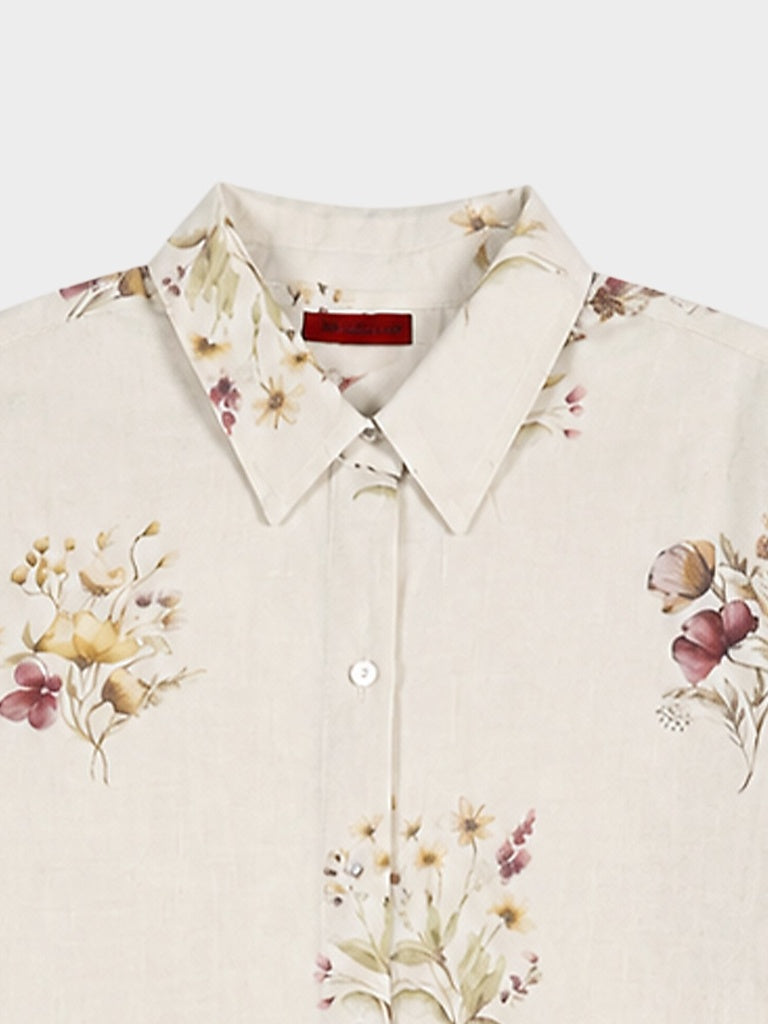 Zuba Light Yellow Linen Blend Floral Printed Tunic
