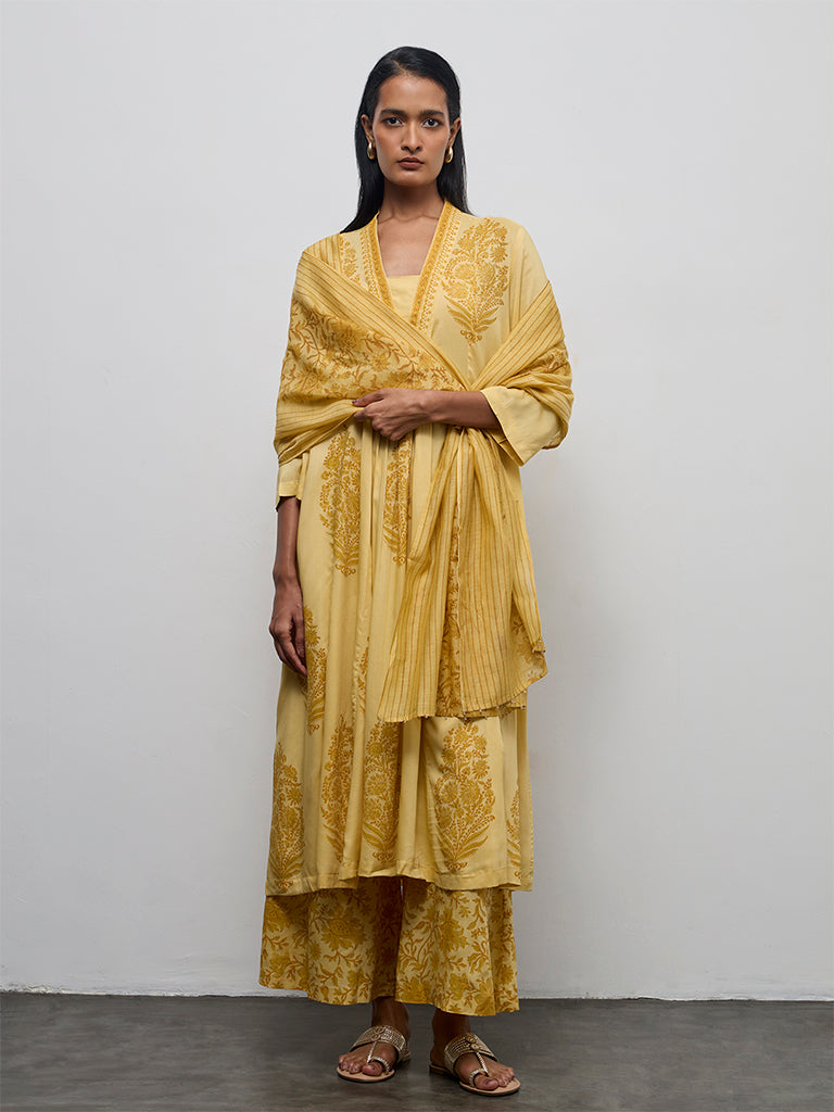 Zuba Yellow Floral Printed A-Line Kurta