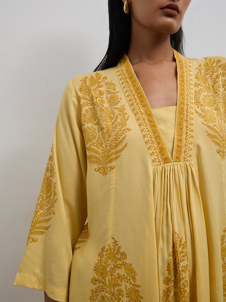 Zuba Yellow Floral Printed A-Line Kurta
