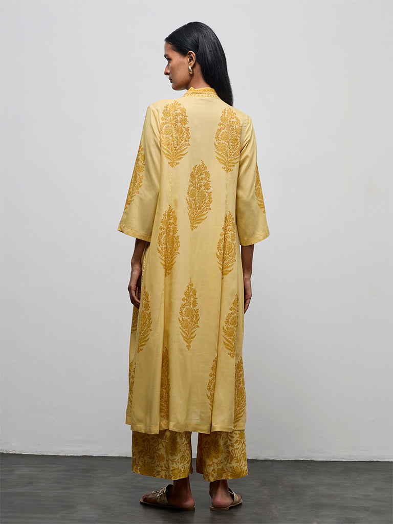 Zuba Yellow Floral Printed A-Line Kurta