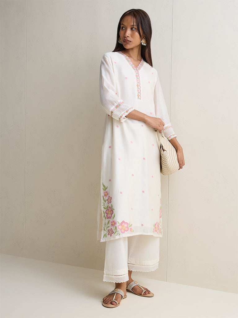 Zuba Ivory Floral Embroidered Silk Chanderi A-Line Kurta