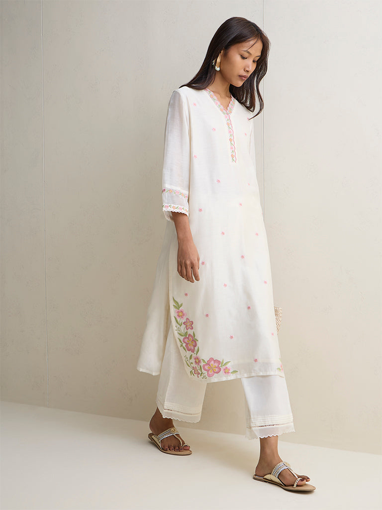 Zuba Ivory Floral Embroidered Silk Chanderi A-Line Kurta