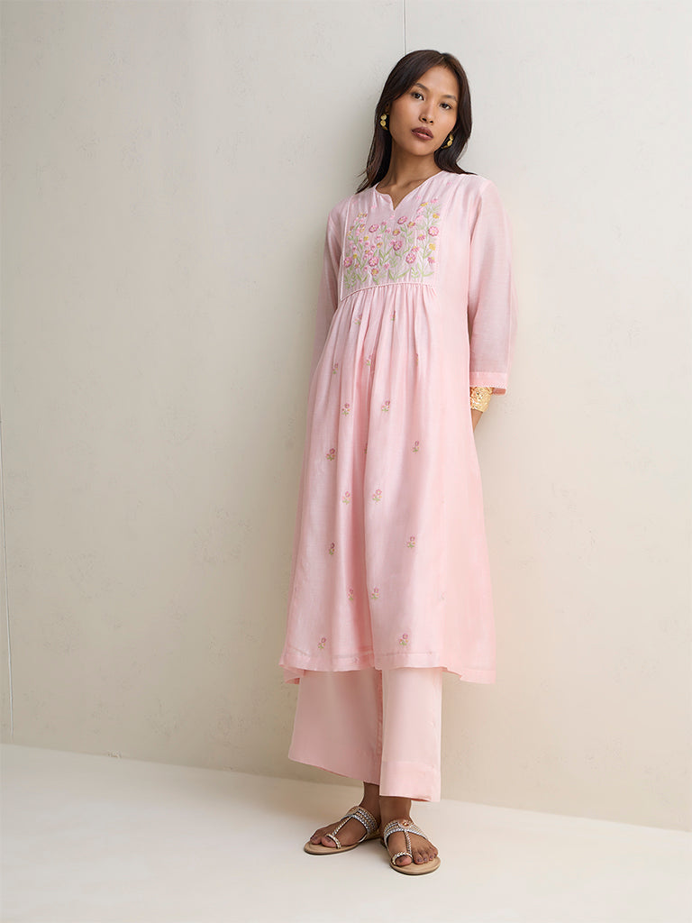 Zuba Light Pink Floral Embroidered Silk Chanderi A-Line Kurta