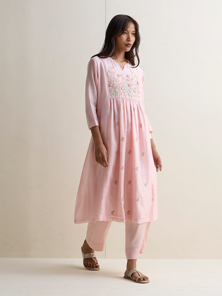 Zuba Light Pink Floral Embroidered Silk Chanderi A-Line Kurta