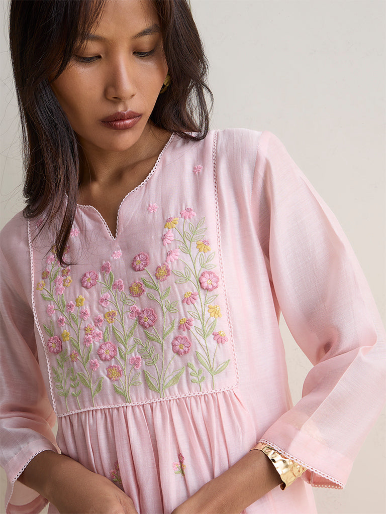 Zuba Light Pink Floral Embroidered Silk Chanderi A-Line Kurta
