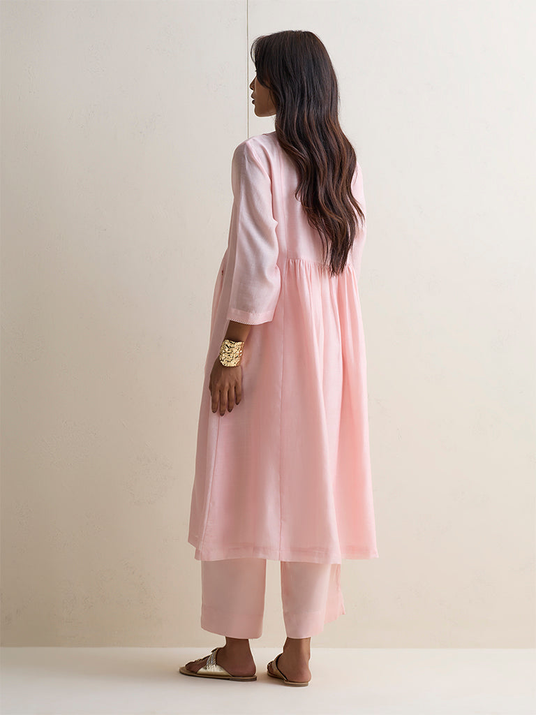 Zuba Light Pink Floral Embroidered Silk Chanderi A-Line Kurta