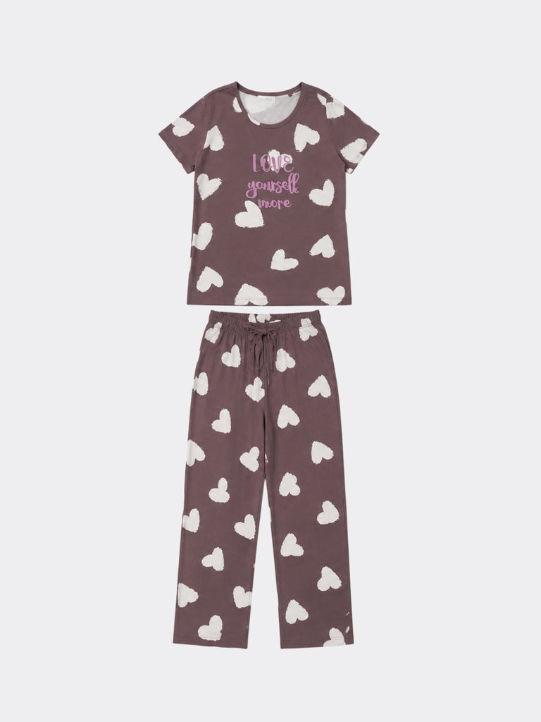 Wunderlove Brown Heart Printed Cotton T-Shirt with Pant Set