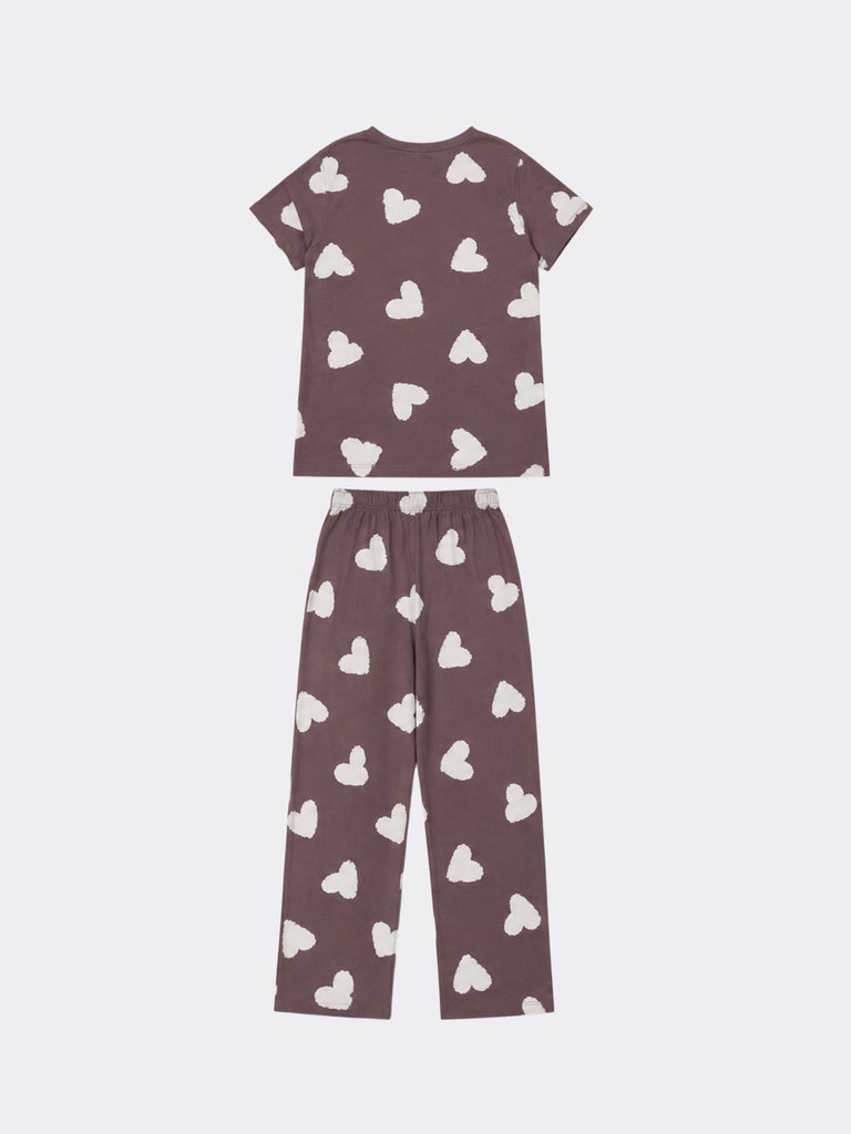 Wunderlove Brown Heart Printed Cotton T-Shirt with Pant Set