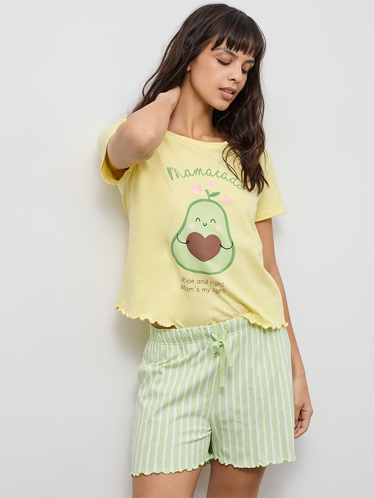 Wunderlove Yellow Printed Cotton T-Shirt and Shorts Set