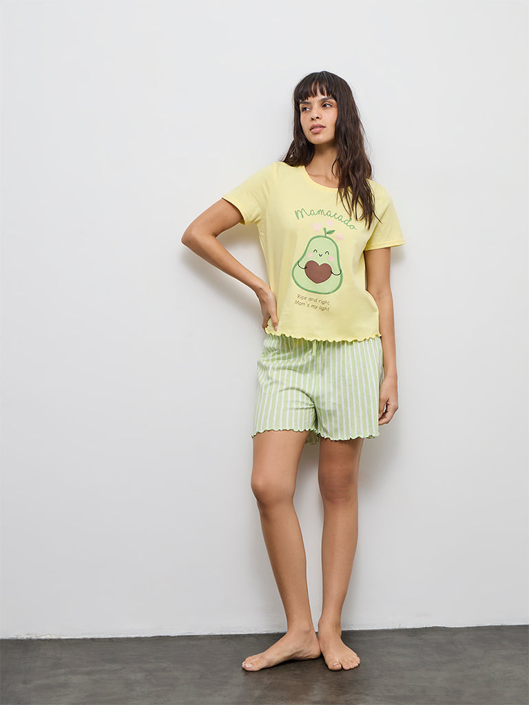 Wunderlove Yellow Printed Cotton T-Shirt and Shorts Set