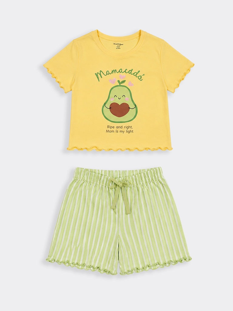 Wunderlove Yellow Printed Cotton T-Shirt and Shorts Set