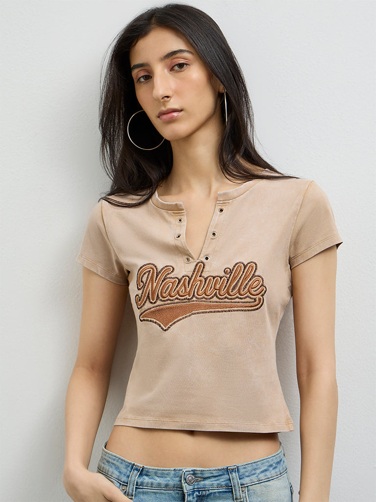Nuon Beige Text-Embroidered Cotton T-Shirt