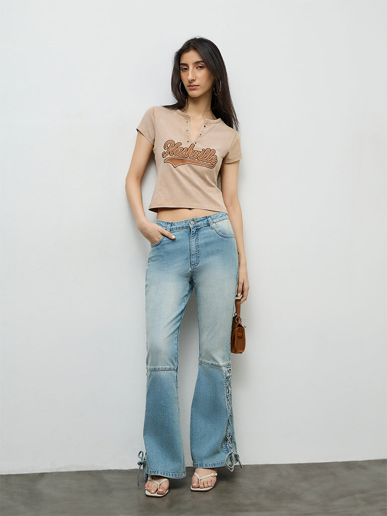 Nuon Beige Text-Embroidered Cotton T-Shirt
