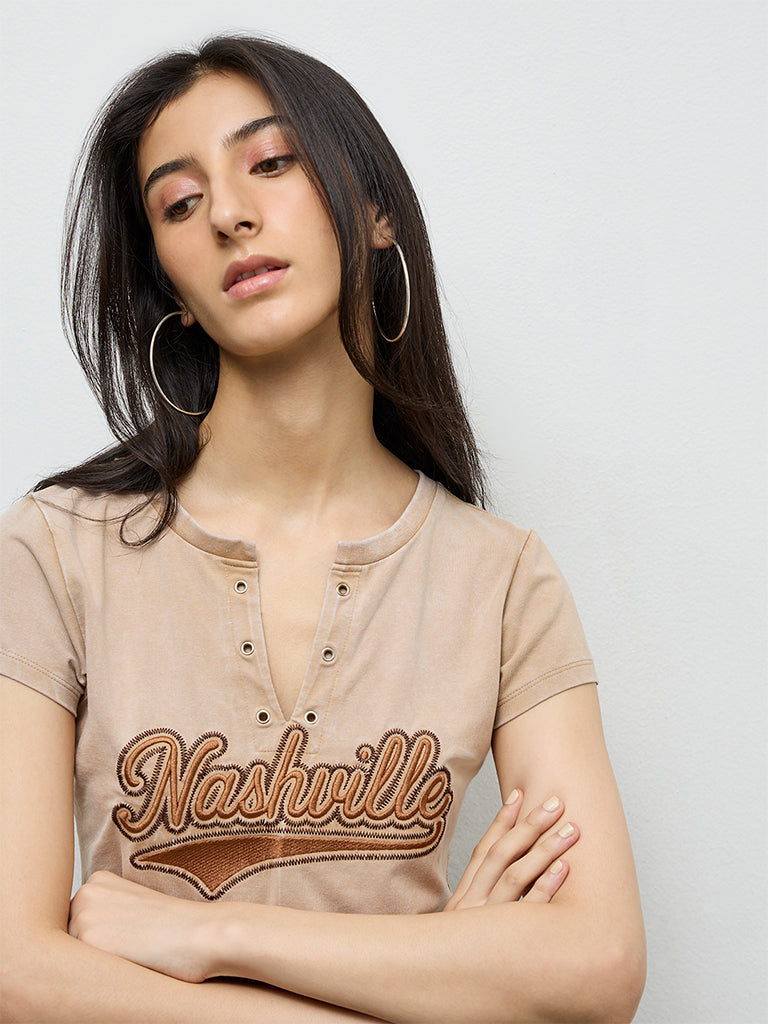 Nuon Beige Text-Embroidered Cotton T-Shirt