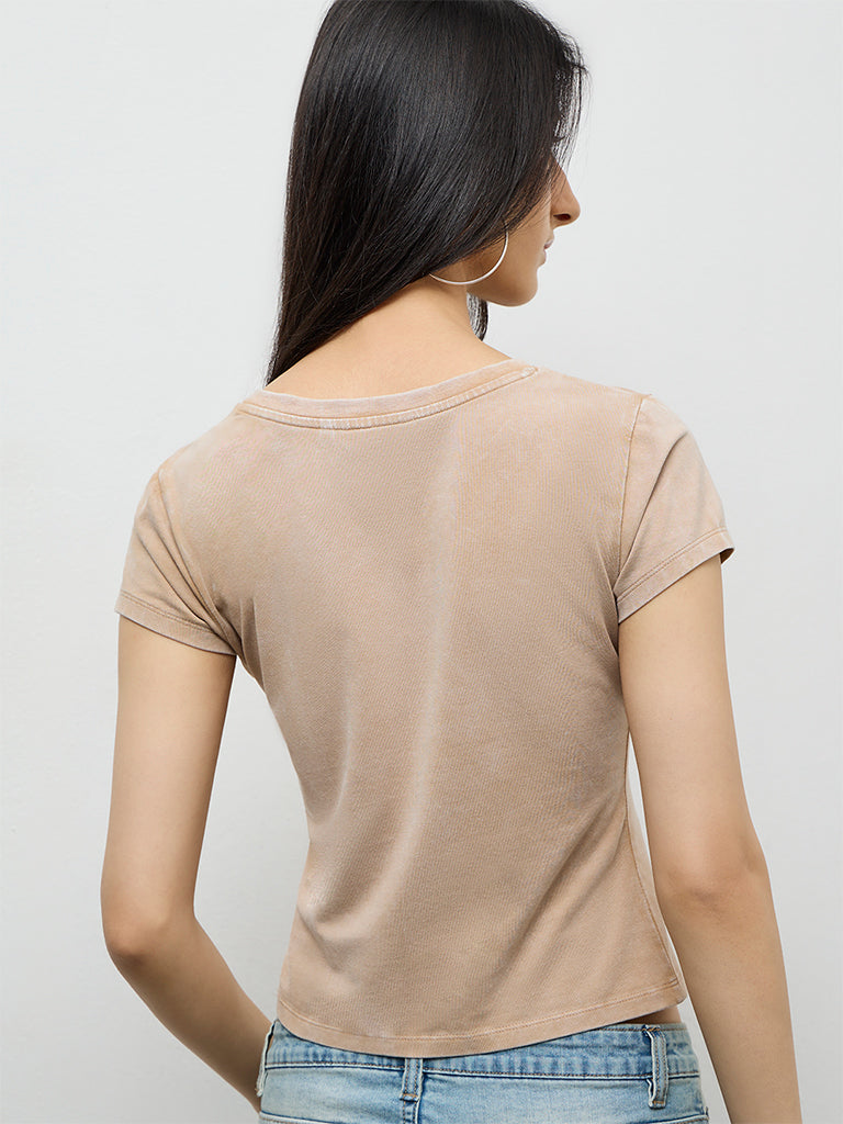 Nuon Beige Text-Embroidered Cotton T-Shirt