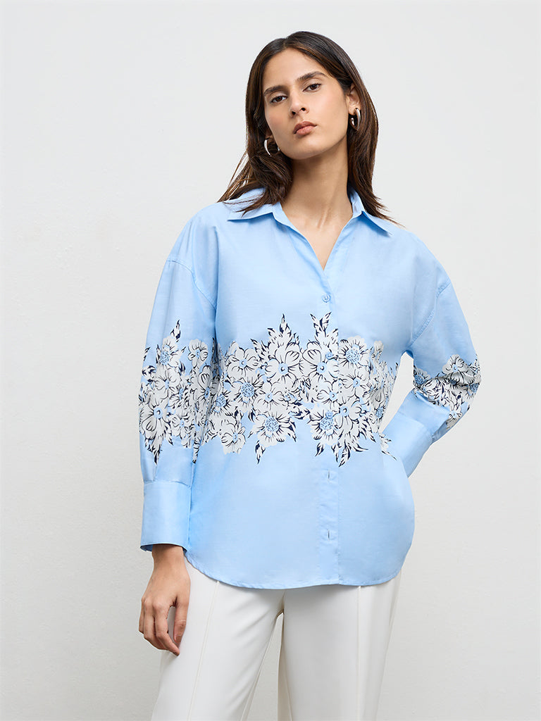 Wardrobe Light Blue Floral Printed Cotton Shirt