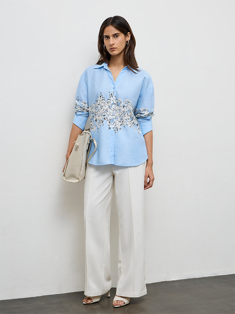 Wardrobe Light Blue Floral Printed Cotton Shirt