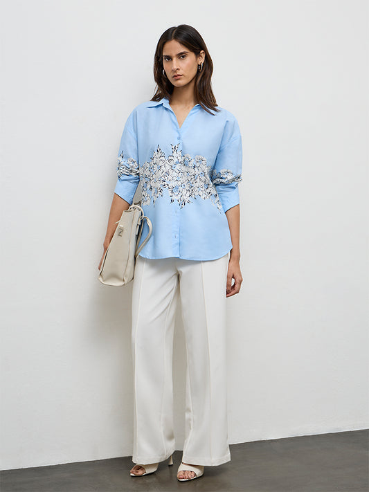Wardrobe Light Blue Floral Printed Cotton Shirt