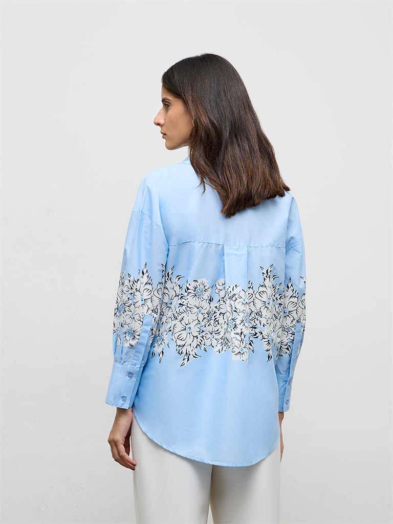 Wardrobe Light Blue Floral Printed Cotton Shirt