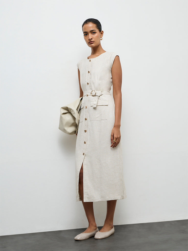Wardrobe Off-White Cotton A-Line Dress with Belt