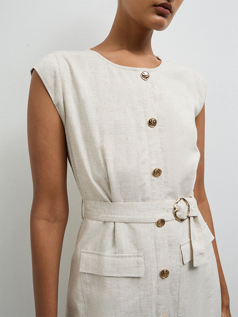 Wardrobe Off-White Cotton A-Line Dress with Belt