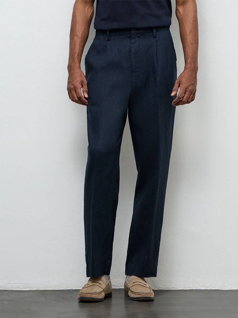 Ascot Navy Relaxed-Fit Mid-Rise Linen Trousers