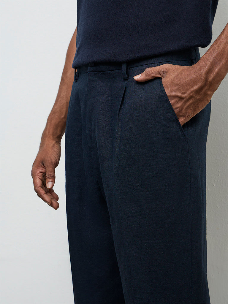 Ascot Navy Relaxed-Fit Mid-Rise Linen Trousers