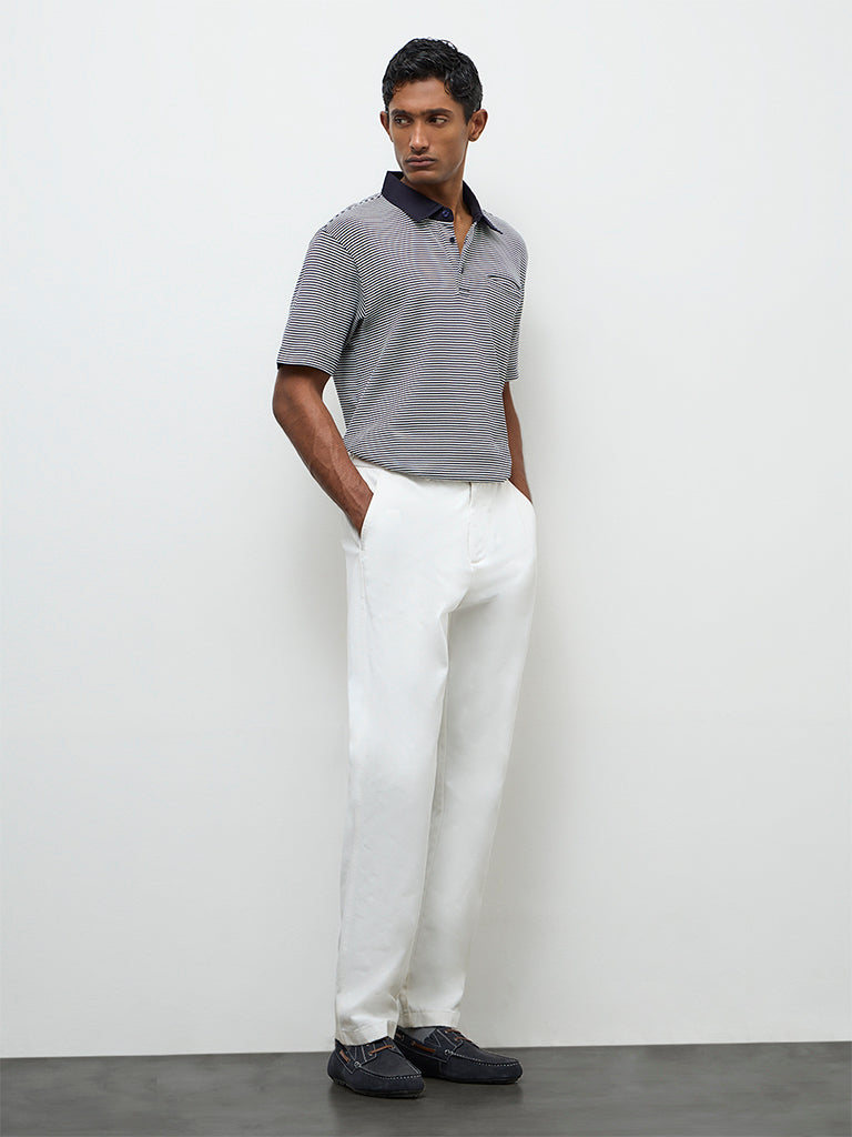 Ascot Navy Striped Relaxed-Fit Cotton Polo T-Shirt