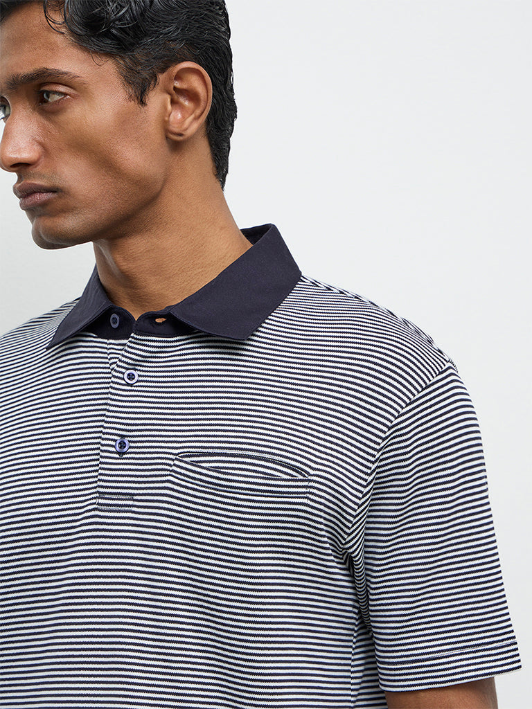Ascot Navy Striped Relaxed-Fit Cotton Polo T-Shirt