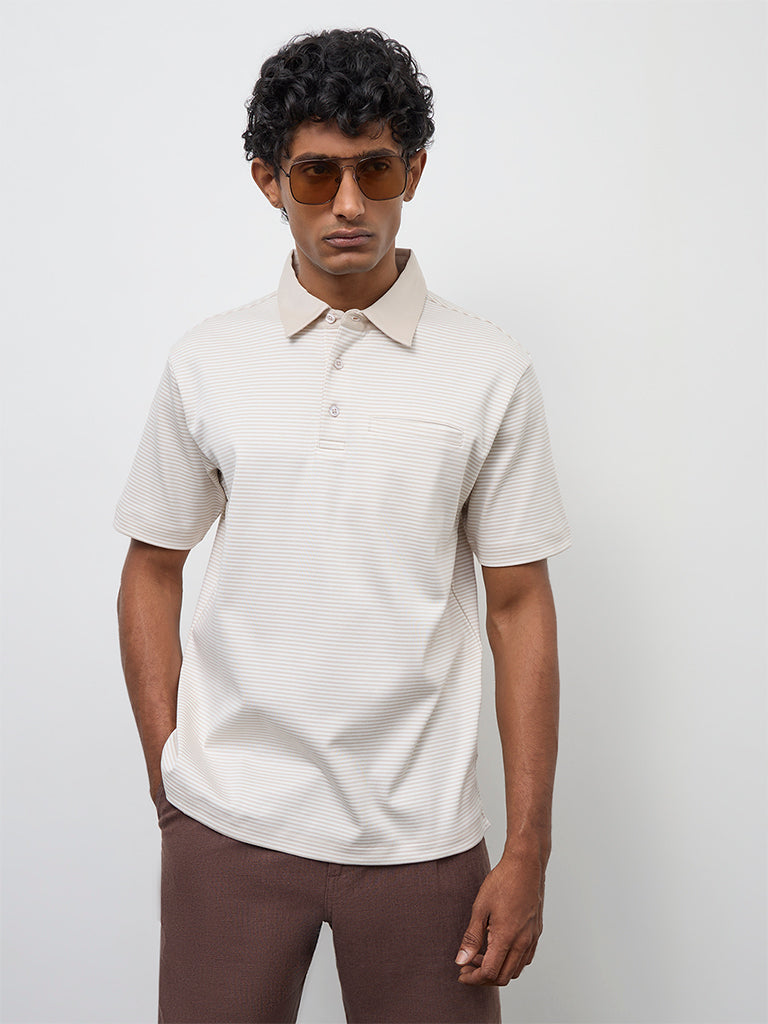 Ascot Light Beige Striped Relaxed-Fit Cotton Polo T-Shirt