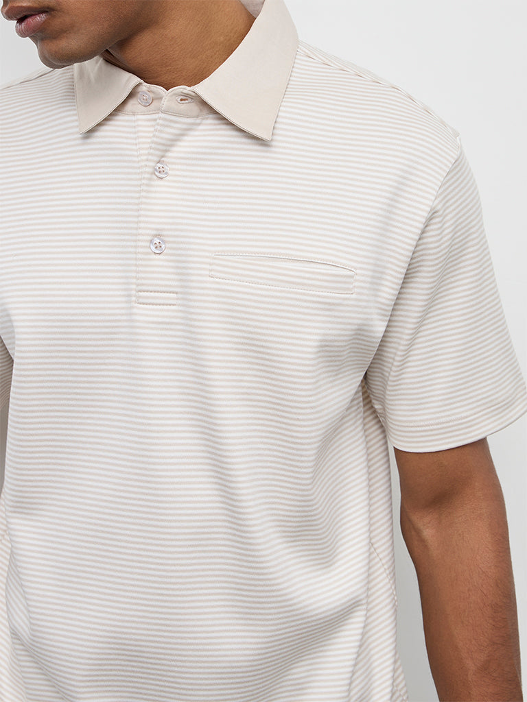Ascot Light Beige Striped Relaxed-Fit Cotton Polo T-Shirt