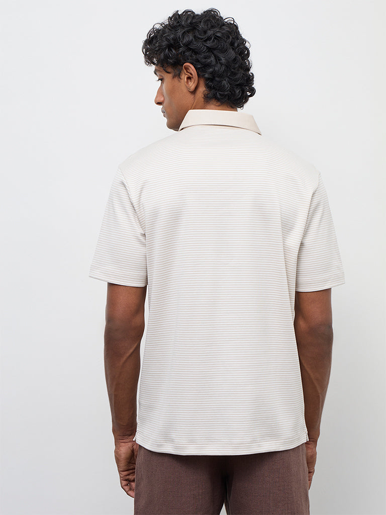 Ascot Light Beige Striped Relaxed-Fit Cotton Polo T-Shirt