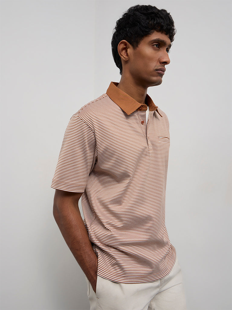 Ascot Light Brown Striped Relaxed-Fit Cotton Polo T-Shirt