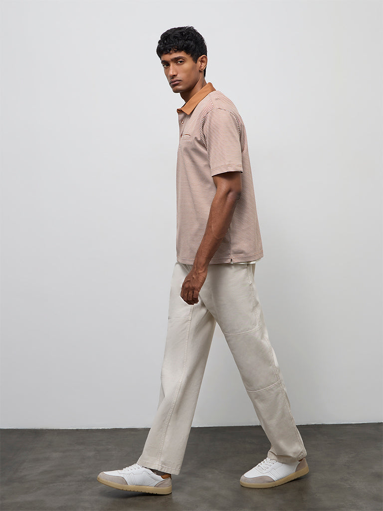 Ascot Light Brown Striped Relaxed-Fit Cotton Polo T-Shirt
