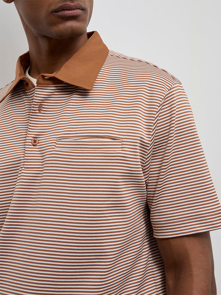 Ascot Light Brown Striped Relaxed-Fit Cotton Polo T-Shirt