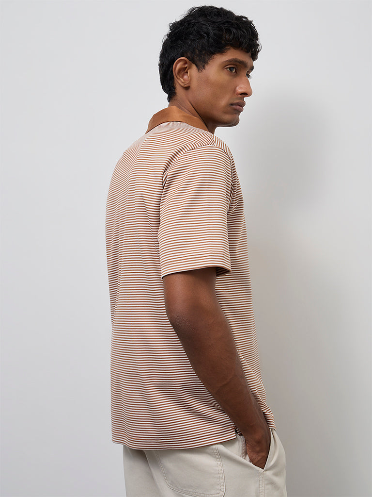 Ascot Light Brown Striped Relaxed-Fit Cotton Polo T-Shirt