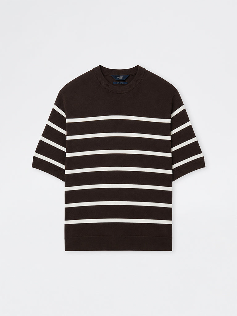 Ascot Dark Brown Striped Relaxed-Fit Cotton T-Shirt