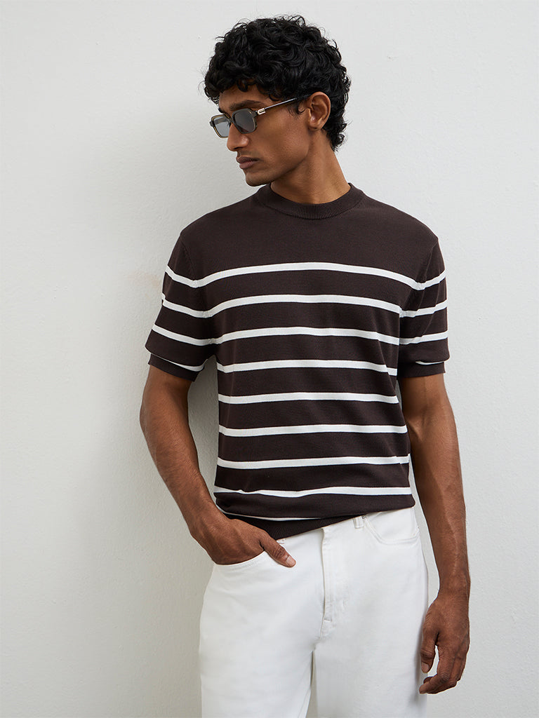Ascot Dark Brown Striped Relaxed-Fit Cotton T-Shirt