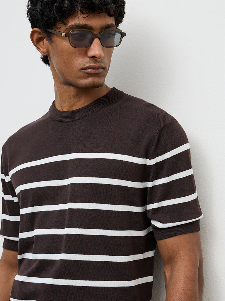Ascot Dark Brown Striped Relaxed-Fit Cotton T-Shirt