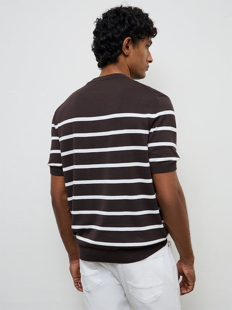 Ascot Dark Brown Striped Relaxed-Fit Cotton T-Shirt