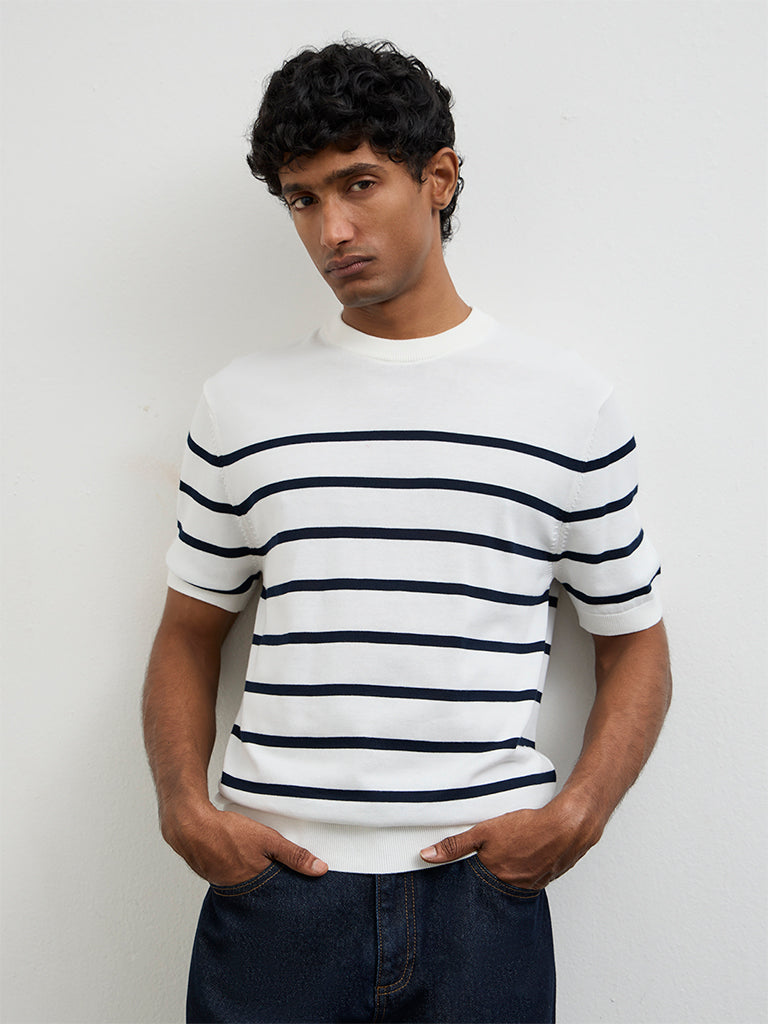 Ascot White Striped Relaxed-Fit Cotton T-Shirt