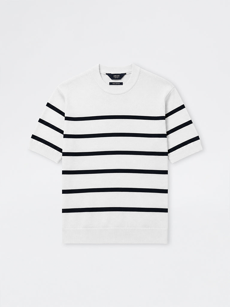 Ascot White Striped Relaxed-Fit Cotton T-Shirt