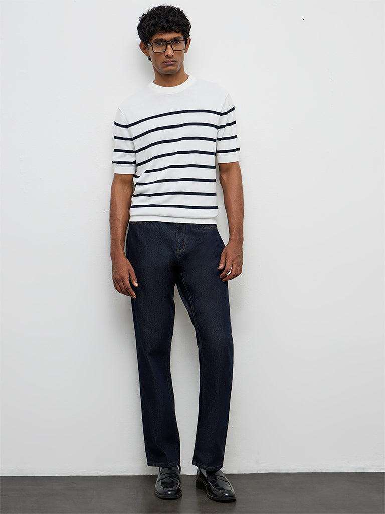 Ascot White Striped Relaxed-Fit Cotton T-Shirt