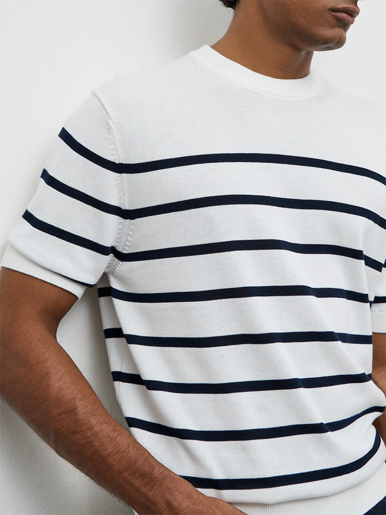 Ascot White Striped Relaxed-Fit Cotton T-Shirt