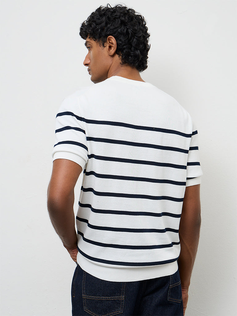 Ascot White Striped Relaxed-Fit Cotton T-Shirt